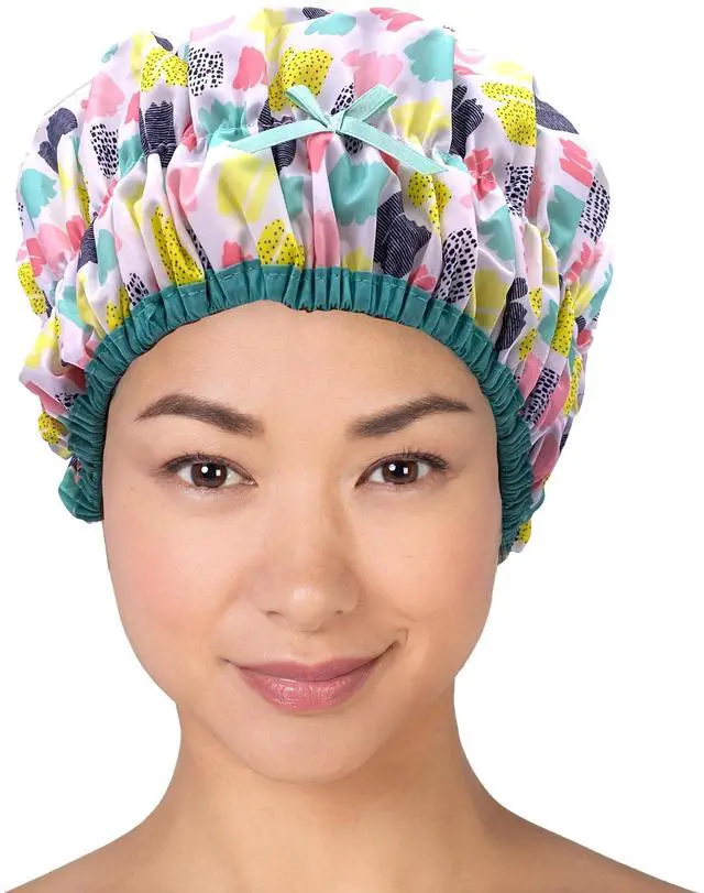 Main image of Fashionista Reusable Shower Cap, Living Color | Oversized Waterproof PEVA Lined Bath Cap for All Hair Lengths, Elastic Stretch Hem Hair Hat