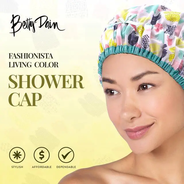 Alt view image 2 of 7 - Fashionista Reusable Shower Cap, Living Color | Oversized Waterproof PEVA Lined Bath Cap for All Hair Lengths, Elastic Stretch Hem Hair Hat