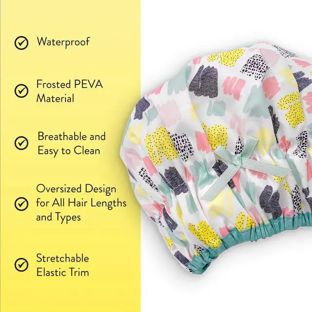 Alt view image 3 of 7 - Fashionista Reusable Shower Cap, Living Color | Oversized Waterproof PEVA Lined Bath Cap for All Hair Lengths, Elastic Stretch Hem Hair Hat