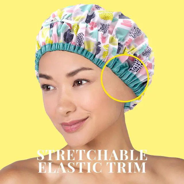 Alt view image 5 of 7 - Fashionista Reusable Shower Cap, Living Color | Oversized Waterproof PEVA Lined Bath Cap for All Hair Lengths, Elastic Stretch Hem Hair Hat