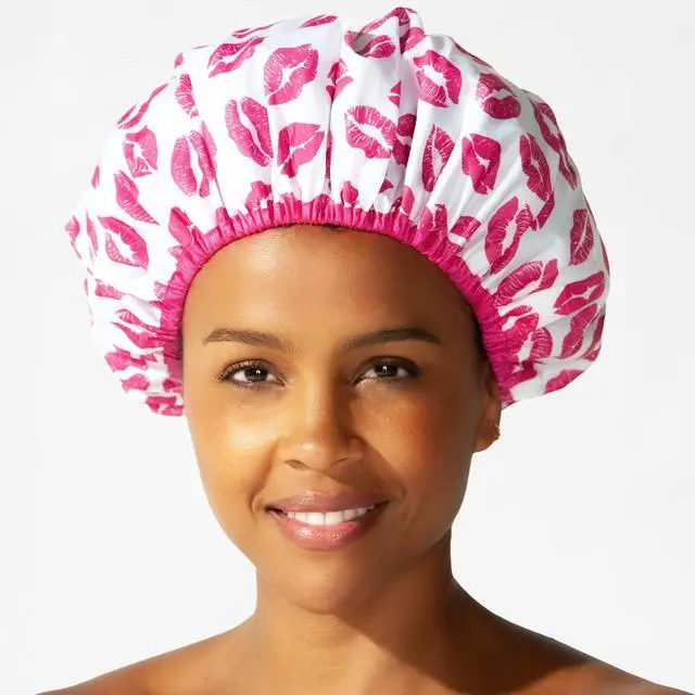 Main image of Fashionista Reusable Shower Cap, Showered with Kisses | Oversized Waterproof PEVA Lined Bath Cap for All Hair Lengths, Elastic Stretch Hem Hair Hat