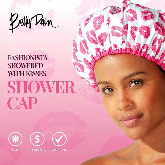 Alt view image 2 of 7 - Fashionista Reusable Shower Cap, Showered with Kisses | Oversized Waterproof PEVA Lined Bath Cap for All Hair Lengths, Elastic Stretch Hem Hair Hat