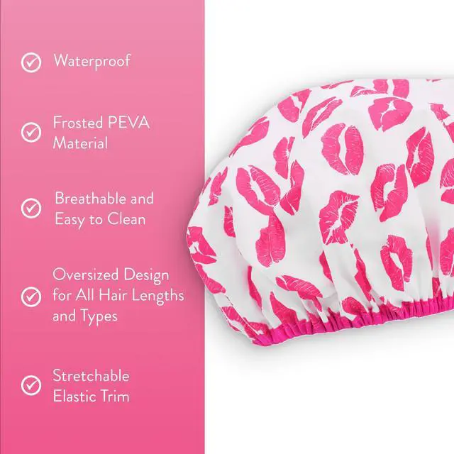 Alt view image 3 of 7 - Fashionista Reusable Shower Cap, Showered with Kisses | Oversized Waterproof PEVA Lined Bath Cap for All Hair Lengths, Elastic Stretch Hem Hair Hat