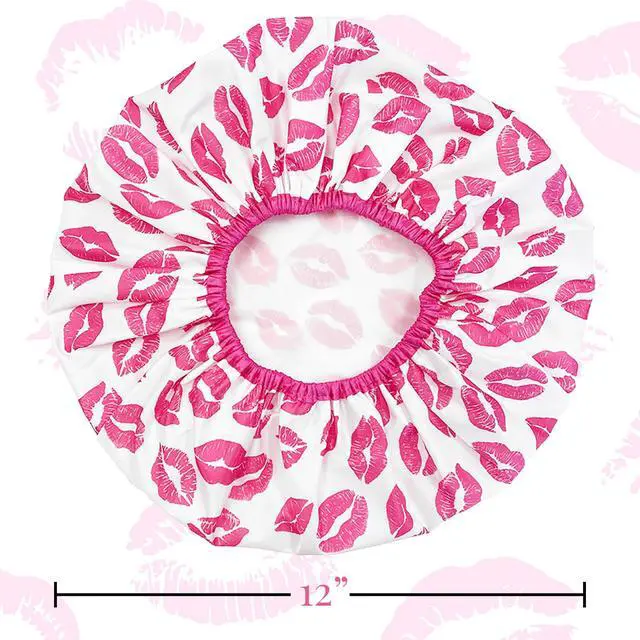 Alt view image 4 of 7 - Fashionista Reusable Shower Cap, Showered with Kisses | Oversized Waterproof PEVA Lined Bath Cap for All Hair Lengths, Elastic Stretch Hem Hair Hat
