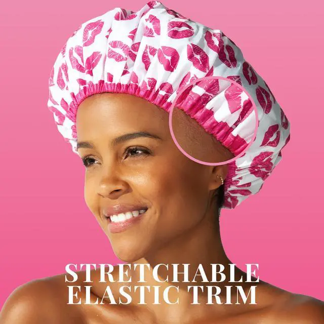 Alt view image 5 of 7 - Fashionista Reusable Shower Cap, Showered with Kisses | Oversized Waterproof PEVA Lined Bath Cap for All Hair Lengths, Elastic Stretch Hem Hair Hat