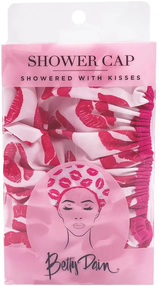 Alt view image 6 of 7 - Fashionista Reusable Shower Cap, Showered with Kisses | Oversized Waterproof PEVA Lined Bath Cap for All Hair Lengths, Elastic Stretch Hem Hair Hat