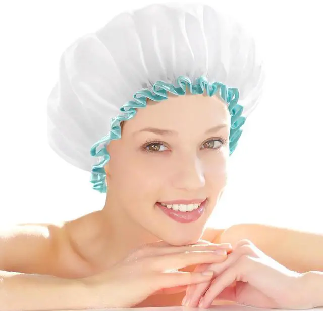 Main image of Large Shower Cap for Women Long Hair,White,12 inch | Hair Cup for Shower with Adjustable Band,Reusable, Waterproof, Washable, Cute and Soft