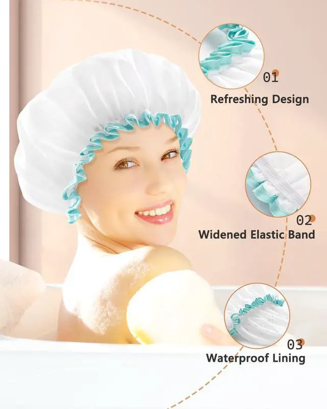 Alt view image 4 of 7 - Large Shower Cap for Women Long Hair,White,12 inch | Hair Cup for Shower with Adjustable Band,Reusable, Waterproof, Washable, Cute and Soft