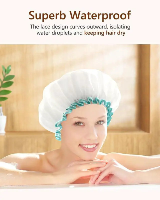 Alt view image 5 of 7 - Large Shower Cap for Women Long Hair,White,12 inch | Hair Cup for Shower with Adjustable Band,Reusable, Waterproof, Washable, Cute and Soft