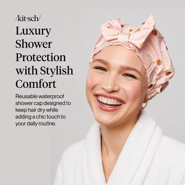 Alt view image 2 of 7 - Luxury Large Shower Cap for Women - Blush Dot | Shower Caps for Women Reusable Waterproof - Non-slip, Comfortable Quick-dry Hair Shower Cap for All Hair Types
