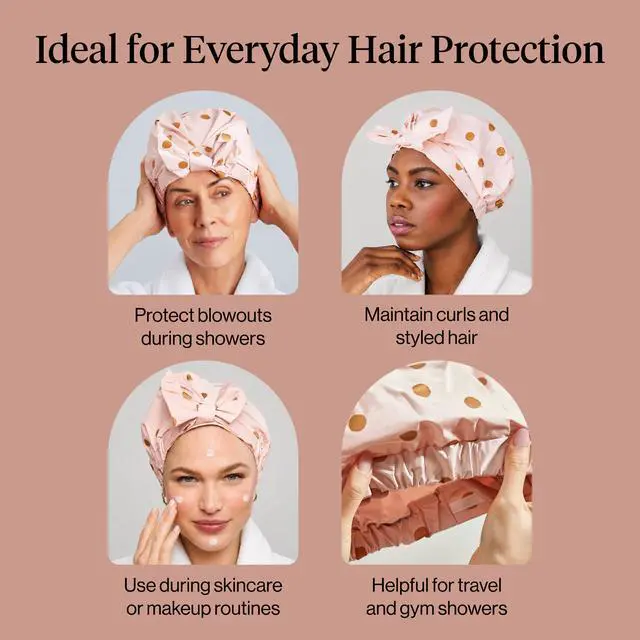Alt view image 6 of 7 - Luxury Large Shower Cap for Women - Blush Dot | Shower Caps for Women Reusable Waterproof - Non-slip, Comfortable Quick-dry Hair Shower Cap for All Hair Types