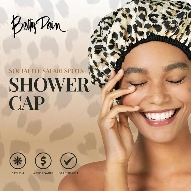 Alt view image 2 of 7 - Socialite Reusable Shower Cap, Safari Spots, Terry Lined | Reversible Oversized Waterproof Nylon Bath Cap for All Hair Lengths, Elastic Stretch Hem Hair Hat