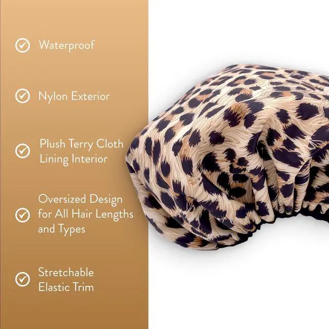 Alt view image 3 of 7 - Socialite Reusable Shower Cap, Safari Spots, Terry Lined | Reversible Oversized Waterproof Nylon Bath Cap for All Hair Lengths, Elastic Stretch Hem Hair Hat