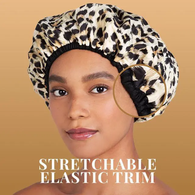 Alt view image 5 of 7 - Socialite Reusable Shower Cap, Safari Spots, Terry Lined | Reversible Oversized Waterproof Nylon Bath Cap for All Hair Lengths, Elastic Stretch Hem Hair Hat