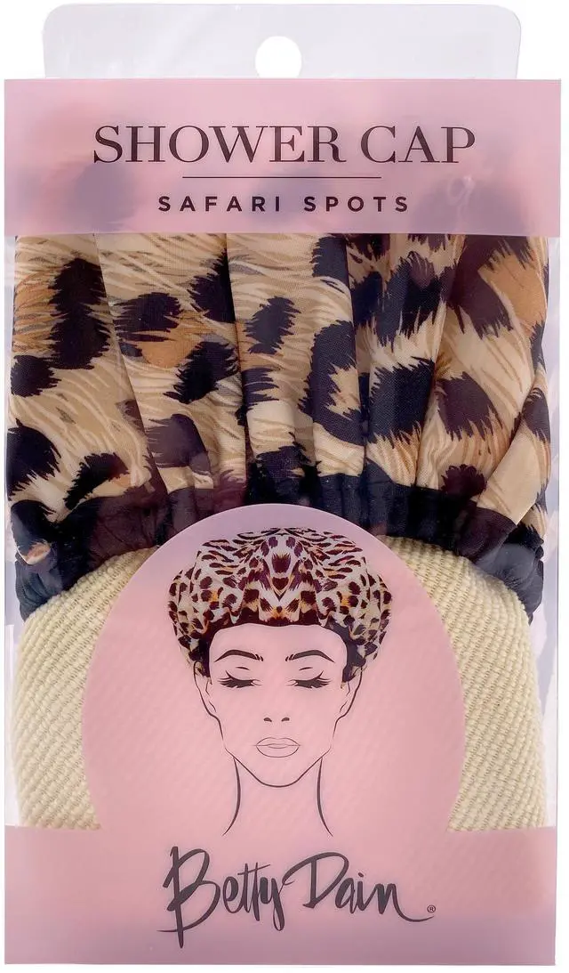 Alt view image 6 of 7 - Socialite Reusable Shower Cap, Safari Spots, Terry Lined | Reversible Oversized Waterproof Nylon Bath Cap for All Hair Lengths, Elastic Stretch Hem Hair Hat