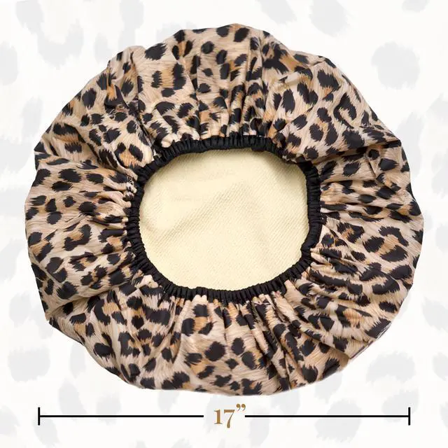 Alt view image 4 of 7 - Socialite Reusable Shower Cap, Safari Spots, Terry Lined | Reversible Oversized Waterproof Nylon Bath Cap for All Hair Lengths, Elastic Stretch Hem Hair Hat
