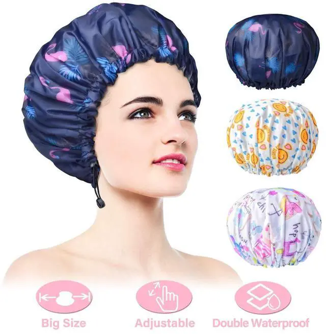 Main image of 3 Pack Shower Caps, Extra Large & Adjustable Double Layer Bathing Cap | Reusable & Comfortable Hair Cap for Women, Waterproof Outer & EVA Lining for Shower Spa Makeup, for All Hair Lengths/Style