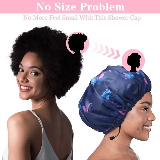 Alt view image 2 of 7 - 3 Pack Shower Caps, Extra Large & Adjustable Double Layer Bathing Cap | Reusable & Comfortable Hair Cap for Women, Waterproof Outer & EVA Lining for Shower Spa Makeup, for All Hair Lengths/Style