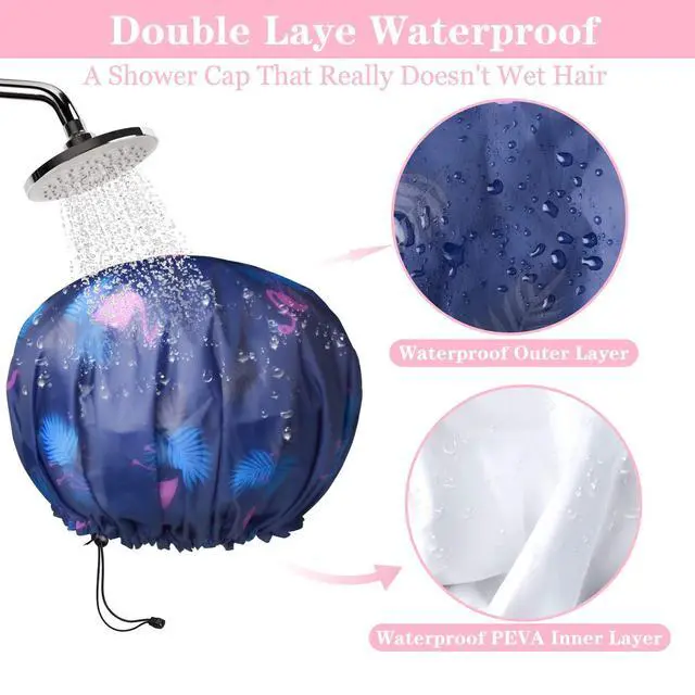 Alt view image 4 of 7 - 3 Pack Shower Caps, Extra Large & Adjustable Double Layer Bathing Cap | Reusable & Comfortable Hair Cap for Women, Waterproof Outer & EVA Lining for Shower Spa Makeup, for All Hair Lengths/Style