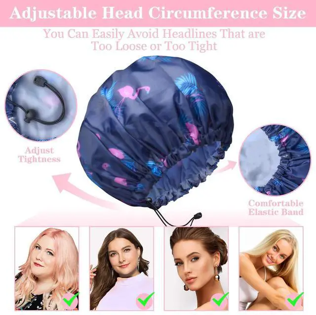 Alt view image 3 of 7 - 3 Pack Shower Caps, Extra Large & Adjustable Double Layer Bathing Cap | Reusable & Comfortable Hair Cap for Women, Waterproof Outer & EVA Lining for Shower Spa Makeup, for All Hair Lengths/Style
