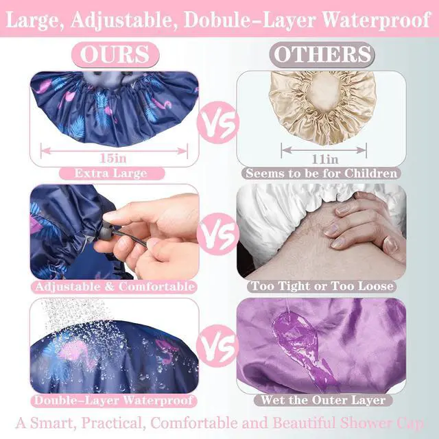 Alt view image 5 of 7 - 3 Pack Shower Caps, Extra Large & Adjustable Double Layer Bathing Cap | Reusable & Comfortable Hair Cap for Women, Waterproof Outer & EVA Lining for Shower Spa Makeup, for All Hair Lengths/Style