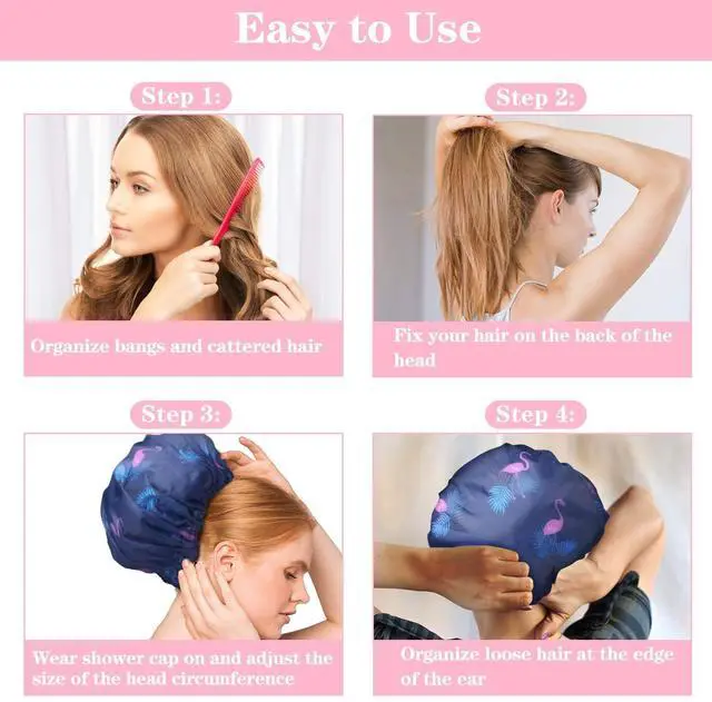 Alt view image 7 of 7 - 3 Pack Shower Caps, Extra Large & Adjustable Double Layer Bathing Cap | Reusable & Comfortable Hair Cap for Women, Waterproof Outer & EVA Lining for Shower Spa Makeup, for All Hair Lengths/Style