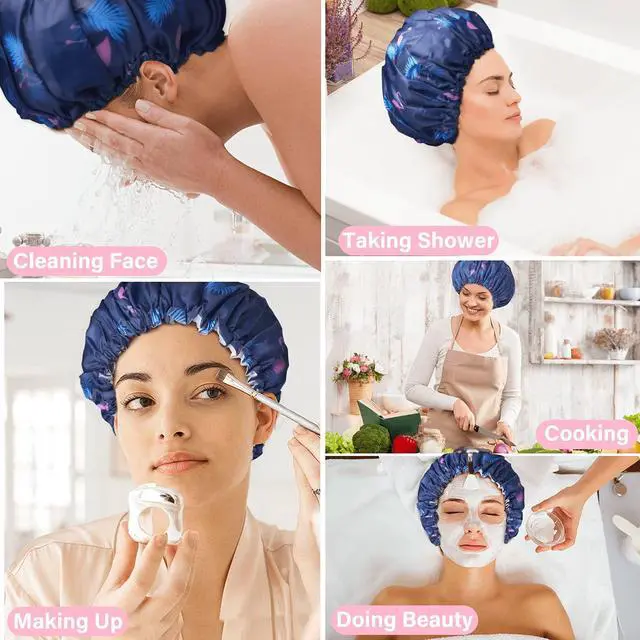 Alt view image 6 of 7 - 3 Pack Shower Caps, Extra Large & Adjustable Double Layer Bathing Cap | Reusable & Comfortable Hair Cap for Women, Waterproof Outer & EVA Lining for Shower Spa Makeup, for All Hair Lengths/Style
