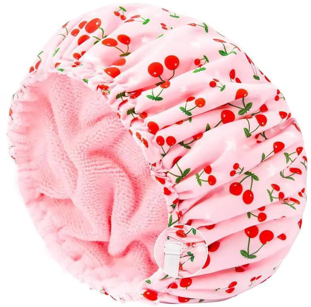 Main image of Shower Cap for Women Terry Lined Bath Cap Large Reusable Waterproof Elastic Band Pink Shower Caps for Long Thick Hair Soft Bath Shower Hair Caps