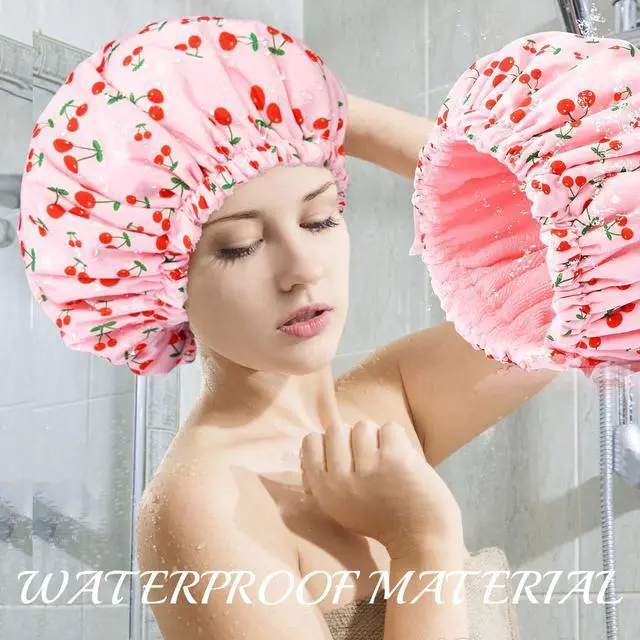 Alt view image 3 of 7 - Shower Cap for Women Terry Lined Bath Cap Large Reusable Waterproof Elastic Band Pink Shower Caps for Long Thick Hair Soft Bath Shower Hair Caps