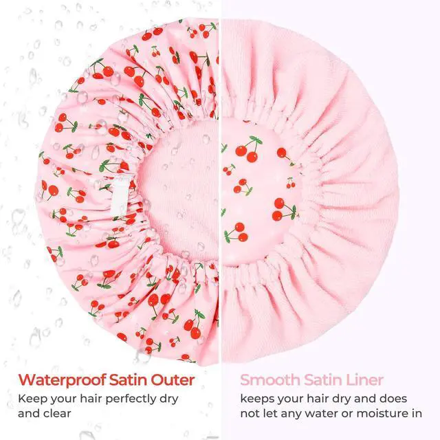 Alt view image 5 of 7 - Shower Cap for Women Terry Lined Bath Cap Large Reusable Waterproof Elastic Band Pink Shower Caps for Long Thick Hair Soft Bath Shower Hair Caps
