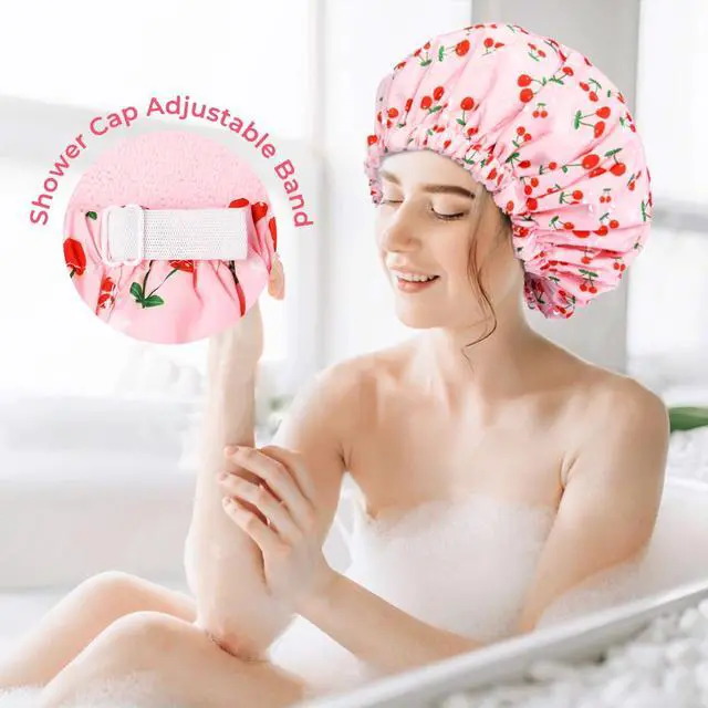 Alt view image 4 of 7 - Shower Cap for Women Terry Lined Bath Cap Large Reusable Waterproof Elastic Band Pink Shower Caps for Long Thick Hair Soft Bath Shower Hair Caps