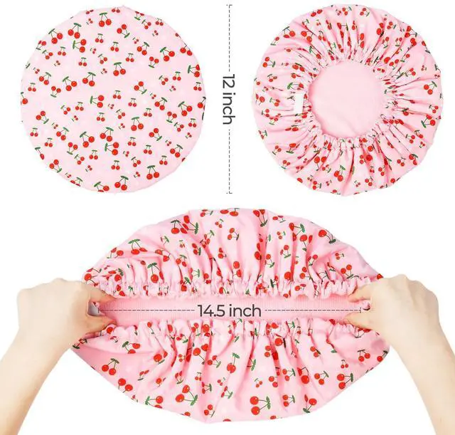 Alt view image 6 of 7 - Shower Cap for Women Terry Lined Bath Cap Large Reusable Waterproof Elastic Band Pink Shower Caps for Long Thick Hair Soft Bath Shower Hair Caps