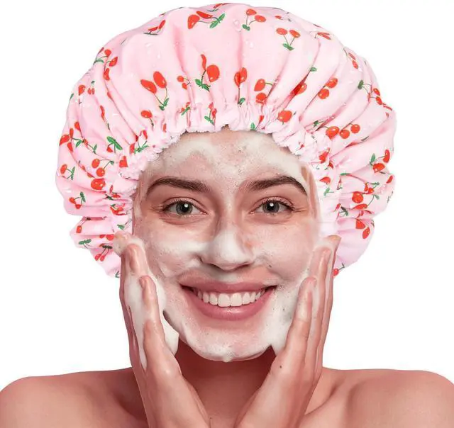 Alt view image 7 of 7 - Shower Cap for Women Terry Lined Bath Cap Large Reusable Waterproof Elastic Band Pink Shower Caps for Long Thick Hair Soft Bath Shower Hair Caps
