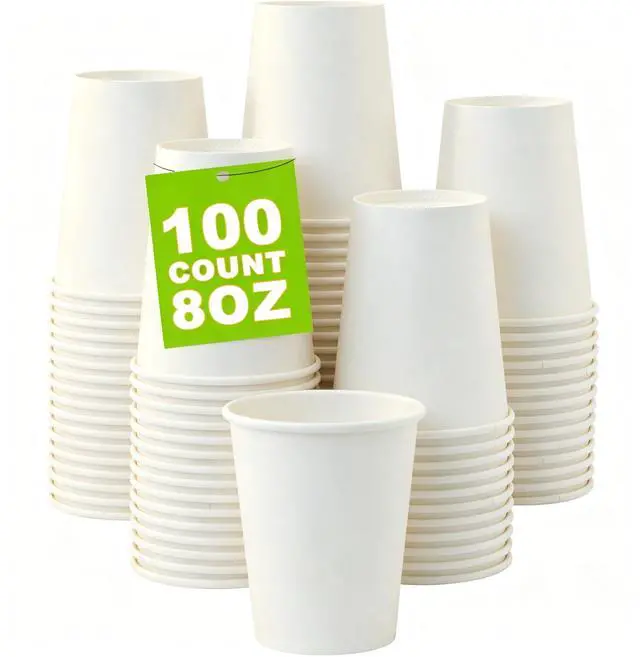 Main image of 100 Count 8 oz Coffee Cups, Leak-Free Food Safe Paper Cups 8 oz, Disposable White Paper Cups for Cold and Hot