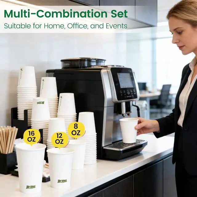 Alt view image 6 of 7 - Paper Cups 8 oz, 300 Pack Disposable Coffee Cups for Hot & Cold Beverages, Sturdy with Leak-Resistant Lining, Ideal for Office, Party, Home and Travel (LOGO)