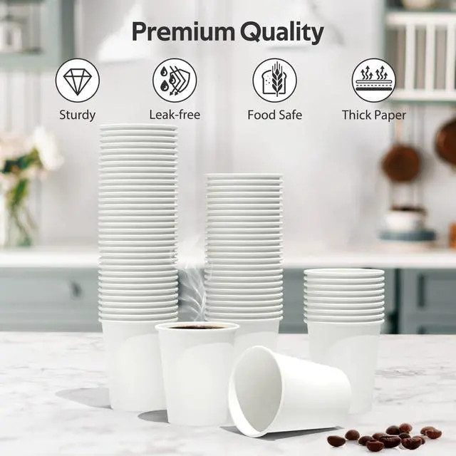 Alt view image 3 of 7 - 100 Count 8 oz Coffee Cups | Leak-Free Food Safe Paper Cups 8 oz, Disposable 8oz White Paper Cups for Cold and Hot Drinks