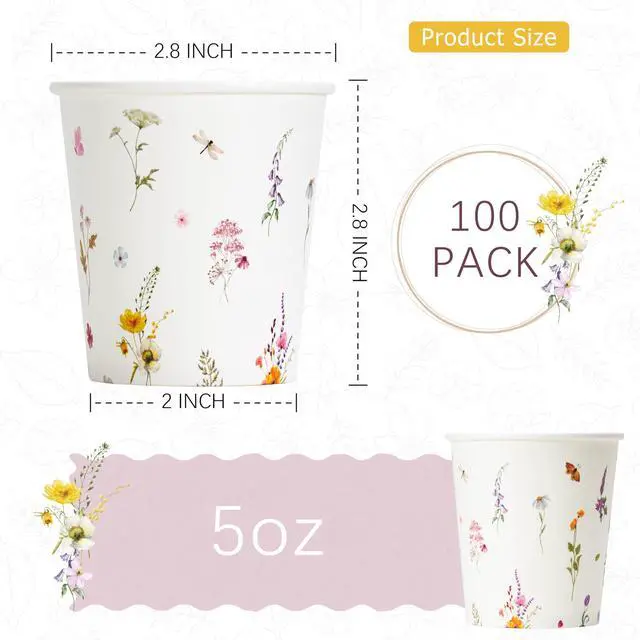 Alt view image 2 of 7 - 100 Pack 5oz Paper Cups, Disposable Bathroom Cups, Elegant Design Floral Small Mouthwash Cup, Hot/Cold Beverage Coffee, Dessert Cup for Birthday Parties, Home-use, Picnics, Ceremonies