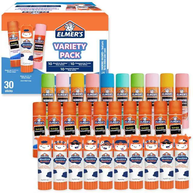 Main image of Glue Sticks Variety Pack, Featuring BlooStick Buddies, Disappearing Purple, and Scented Glue Sticks, Assorted, 6 Grams, 30 Count - Arts & Crafts, Fun Classroom Supplies, #1 Teacher Brand