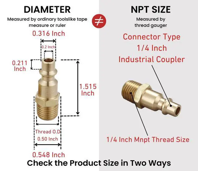 Alt view image 2 of 4 - Air Hose Fittings & Coupler Plug, 1/4-Inch NPT Male | Air Compressor Quick-Connect MNPT Male Plug Kit, Industrial Type D, Solid Brass, 2 Piece