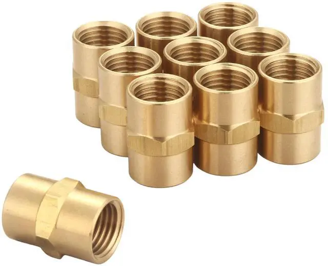 Main image of Brass Coupling 1/4 Inch NPT Female x 1/4 Inch NPT Female | Hex Head Pipe Fitting, Pack of 10, Compressor connector 1/4 fnpt to 1/4 fnpt Coupler, Air Hose Adapter Brass Fittings