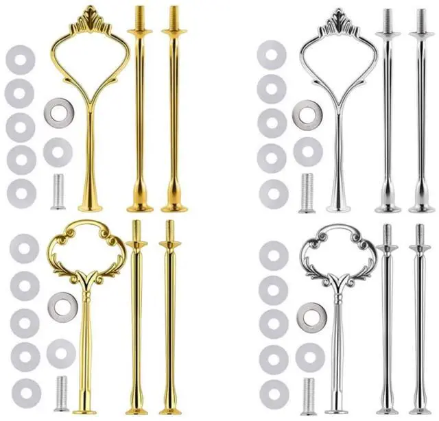 Main image of 4 Sets 3 Tier Cake Plate Stand Handle Hardware, Golden+Silver