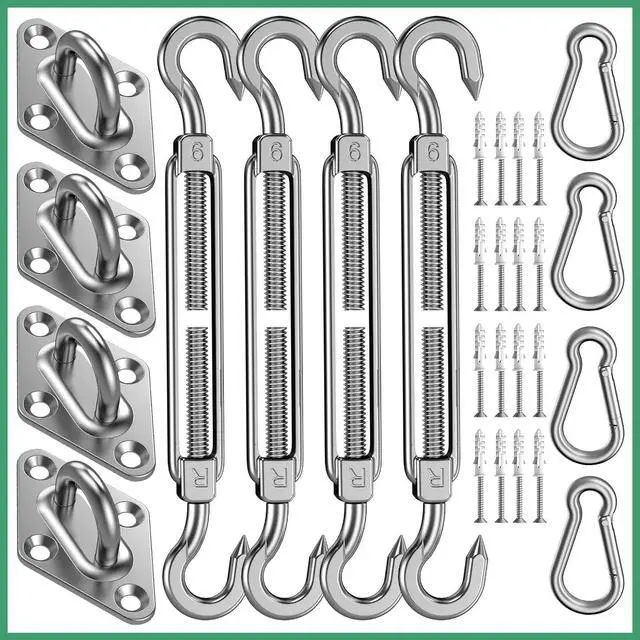 Main image of Sun Shade Sail Hardware Kit: 6 Inch Stainless Steel Sun Sail Hardware Kit for Triangle & Rectangle Shade Sail Canopy Installation, 44 Pcs Sunshade Hardware for Sun Shades Outdoor Patio Garden Backyard