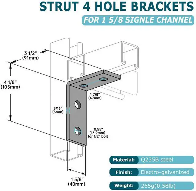 Alt view image 2 of 7 - 4Pcs 4 Hole 90 Degree Bracket for 1 5/8 Strut Channel, Heavy Duty L Brackets Fitting Galvanized Connectors, 5mm Thickness