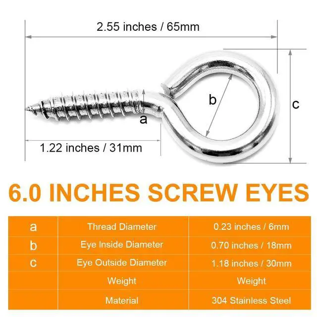 Alt view image 2 of 7 - 6 Pcs M6 304 Stainless Steel Screw Eye Hooks, 2-1/2 Inches Eyes Screw Hooks,Heavy Duty Screw Eye Bolt,Load Bearing 200LB,Indoor & Outdoor Use