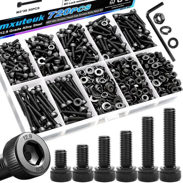 Main image of 720PCS M3 Screws Kit,M3×6/8/10/12/16/20mm M3 Screws Assortment Kits,12.9 Alloy Steel M3 Hex Socket Head Bolts Nuts Washers Set Suitable for 3D Printer,DIY