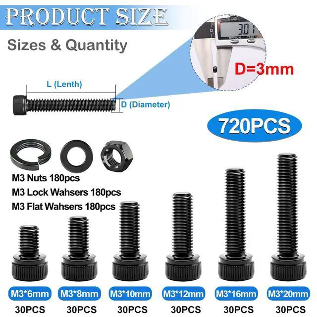 Alt view image 2 of 6 - 720PCS M3 Screws Kit,M3×6/8/10/12/16/20mm M3 Screws Assortment Kits,12.9 Alloy Steel M3 Hex Socket Head Bolts Nuts Washers Set Suitable for 3D Printer,DIY