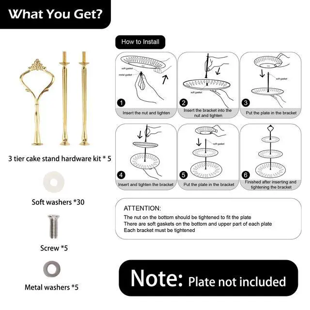 Alt view image 4 of 7 - 3 Tier Tiered Tray Hardware Kits Fruit Cake Plate Handle Fitting Hardware Rod Dessert Stand Holder Golden Crown 5 SetPlate not Included