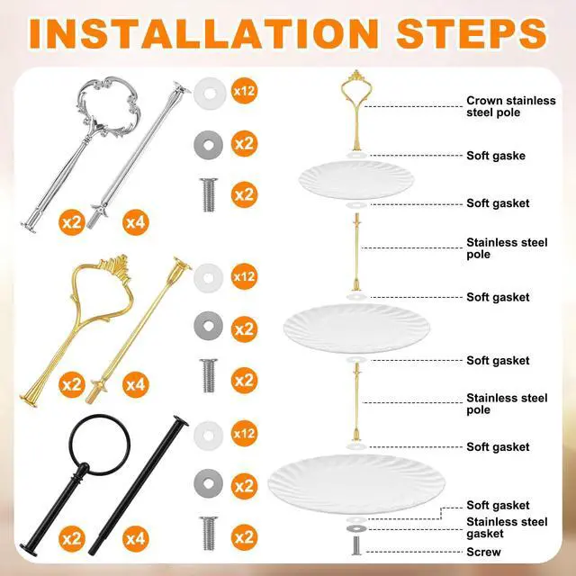 Alt view image 5 of 6 - 6 Sets 3 Tier Cake Stand Hardware Tiered Tray Plate Hardware Kit Heavy Metal Cake Fruit Food Plate Stand Fitting Stacking Kit