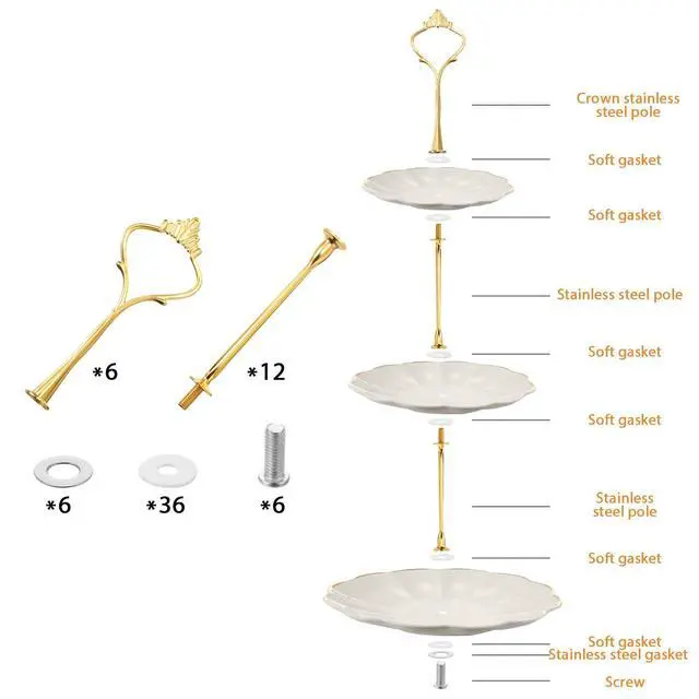 Alt view image 4 of 7 - 6 Sets 3 Tier Cake Stand Hardware Tiered Tray Plate Hardware Kit Heavy Metal Cake Fruit Food Plate Stand Fitting Stacking Kit for Serving Dessert Cupcake Dish Food (Simple,Gold) | Cake Stand Hardware