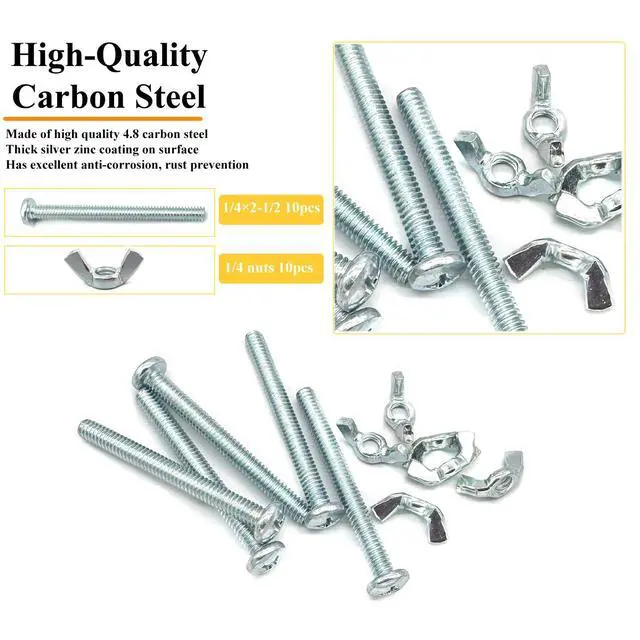 Alt view image 3 of 7 - 20Pack 1/4"-20 x2-1/2 Screw Bolts and Wing Nut Kit 10pcs Machine Screws with Round Head Phillips 10pcs Butterfly Hand Twist Tighten Nut Zinc Plated Hardware Fitting Fastenings Assortment Kit